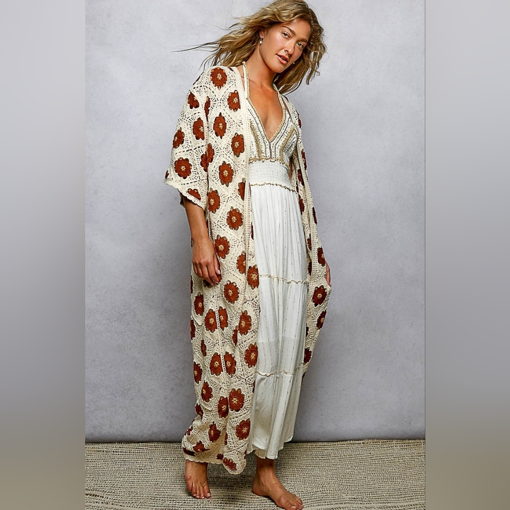 POL Patchwork Openwork Floral Crochet Longline Ca… - image 8